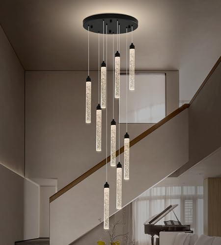 9 Lights High Ceiling Crystal Staircase Chandelier Black Pendant Lights Modern Spiral Raindrop Dimmable LED Bubble Cluster Ceiling Hanging Lighting Fixture for Foyer Living Room Remote Control (Black / 9 lights)