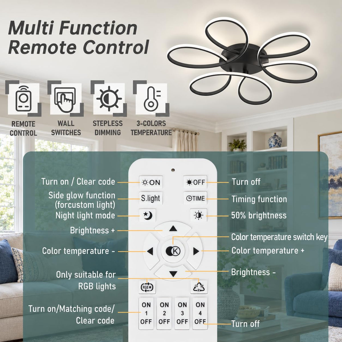 37.4inch Modern LED Ceiling Light (Black / 6RINGS,37.4inch)
