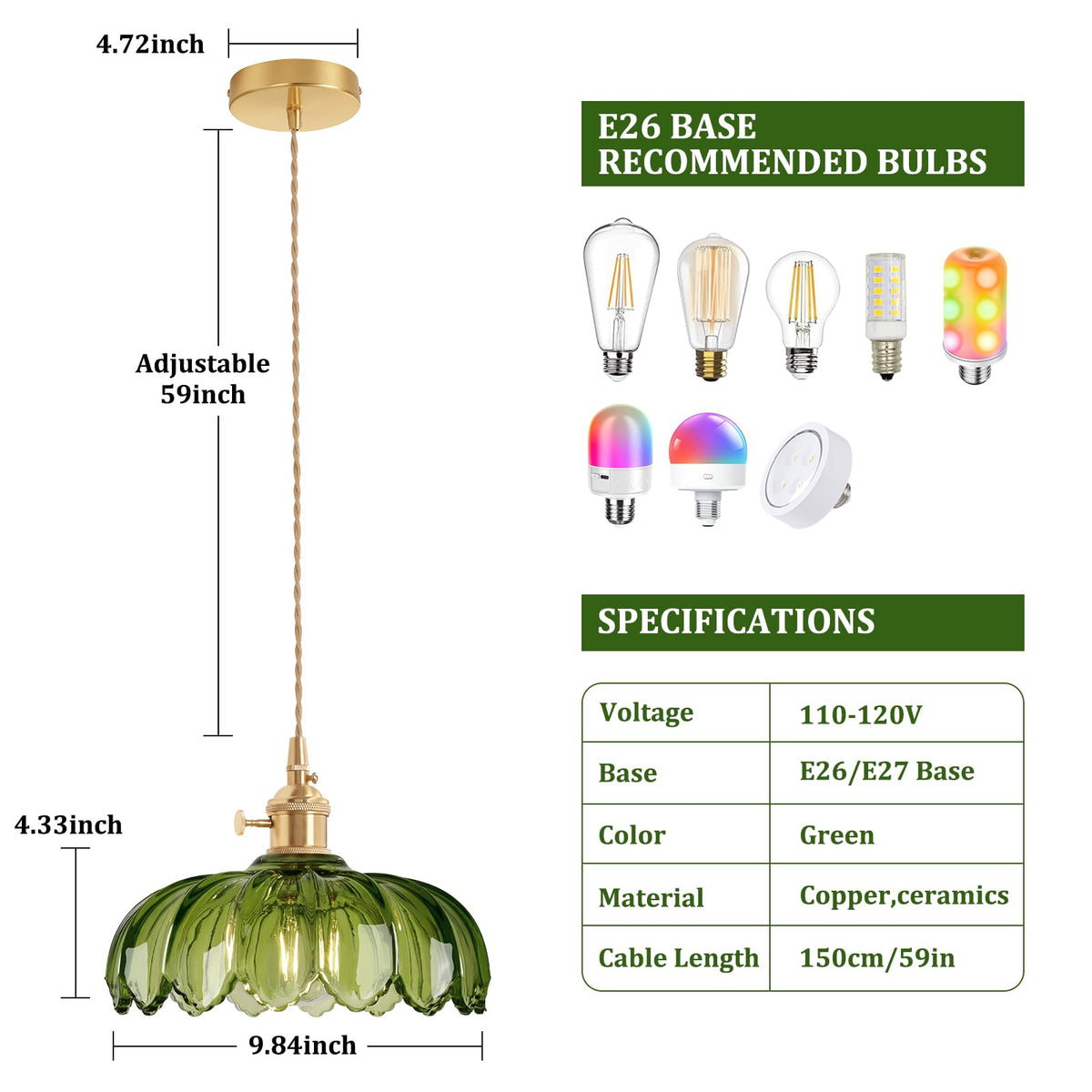 Pendant Light with Green Scindapsus Glass Lmapshade (Scindapsus Green)