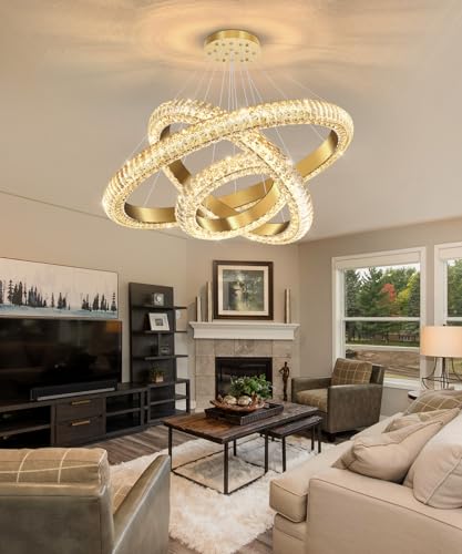 31.5" 3 Ring Crystal Chandelier Modern LED Dimmable Ring Pendant Light Round Chandelier for Dining Room Living Room Gold (Gold / 3 Ring Round 32")