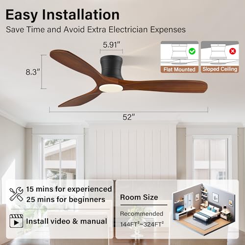 52” Wood Smart Low Profile Ceiling Fans with Lights and Remote (Walnut Wood& Black)