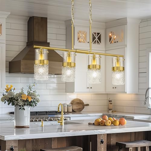 4 Light Brushed Gold Island Chandelier Lights for Kitchen (Gold -Hammered Glass / 3.5" Hammered Glass, 4-Light)
