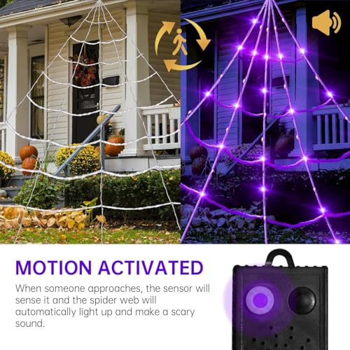 Motion Activated Lighting&Speaking] 20 * 17FT Halloween Spider Web 150 Led Purple Lights Light Up Lighted Triangular Giant Waterproof with 200sqft Cobweb for Outdoor Decor Yard Decoration