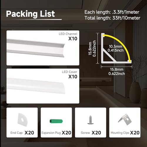 10 Pack V Shape LED Channel with Milky White Diffuser (Silver Aluminum + White Cover / 3.3FT/10P/#006)
