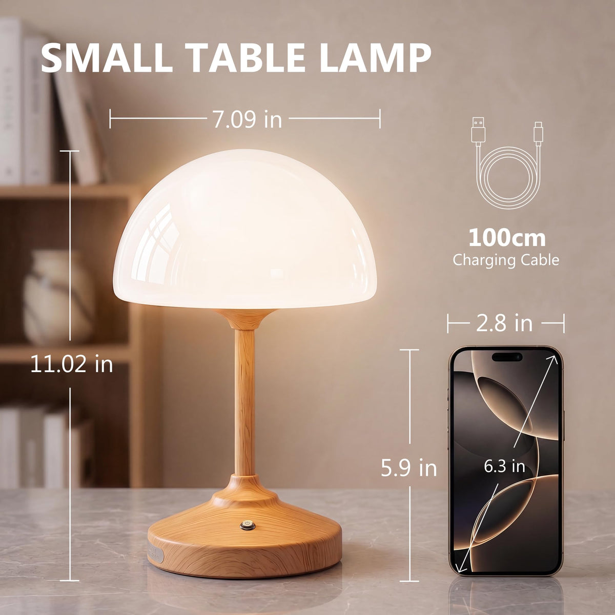 Mushroom Lamp Cordless Lamp for Bedroom (Mushroom Glass Shade)
