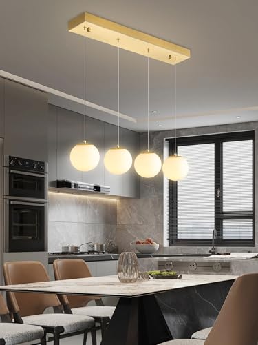 4 Light White Globe Glass Pendant Light Modern Gold Chandelier White Glass Globe Chandelier for Dining Room Kitchen Island Foyer Hallway (Gold-White / Rectangle 4-Light)