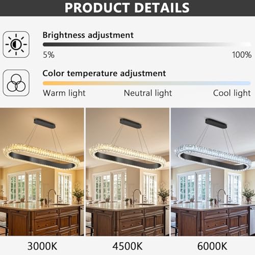 32'' Oval Ring Crystal Chandelier Modern LED Dimmable Ring Pendant Light Chandelier for Dining Room Living Room Black (Black / 1 Ring Oval 32")