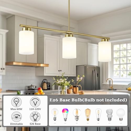 3 Light Gold Kitchen Island Lighting 31" Pendant Light with Milk Glass Shade Adjustable Height Linear Chandelier for Dining Room Modern Farmhouse Light Fixture Over Table Bar Living Room Foyer (Gold / 3-light)