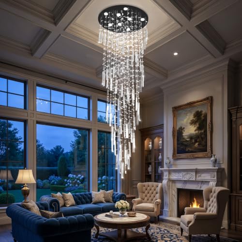 D24'' x H78'' Modern Crystal Chandelier High Ceiling Chandeliers for Entryway Glam Chandelier Large Raindrop Chandeliers LED Dimmable Light Fixtures for Staircaes Foyer Hallway Living Room Black (D24" x H78" Black)