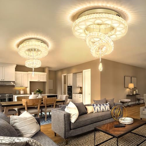 20" Modern Crystal Chandeliers for Living Room Gold Ceiling Chandelier LED Crystal Ceiling Light Flush Mount Chandelier for Bedroom Dining Room Entryway (Gold / W:20inches)