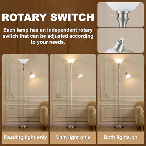 Torchiere Silver Floor Lamp with Adjustable Angle Reading Lamp (Silver)