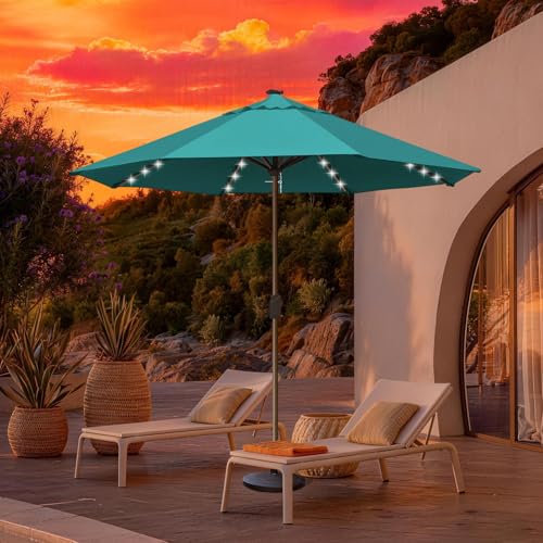 USA 10-Year-Non-Fading 10ft Market Patio Umbrella, Commercial Grade Table Sun Umbrella with 80 Solar LED Lights, Crank Open, Windproof & UPF 50+ UV Protection for Garden, Deck, Pool, Backyard, No Tilt, Teal (Teal / 10FT(Single Vent No Tilt))
