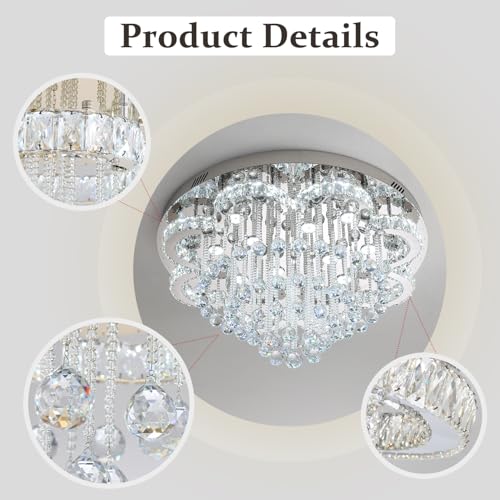 32in Modern Crystal Chandeliers for Living Room LED Crystal Ceiling Light Fixtures Flush Mount Chandelier Ceiling Chandelier for Bedroom Foyer Hallway Dining Room (Silver / 32inch)