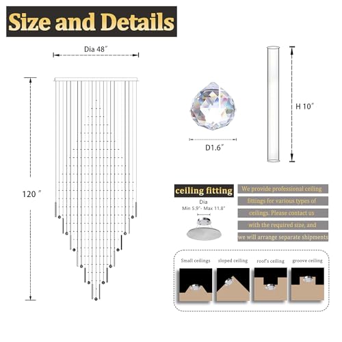D48''X H120''High Ceiling Chandelier Crystal Raindrop Chandeliers Large Villa Chandelier Entrance Foyer Hight Ceiling Lighting LED Dimmable 2700K (Silver / D48"X H120")