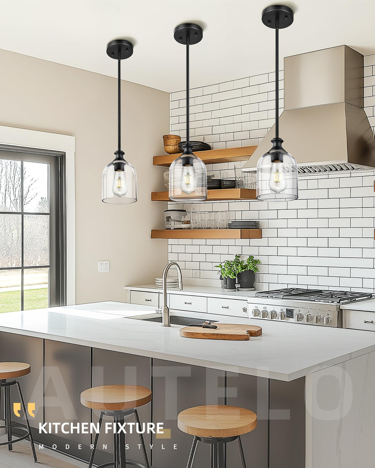 2 Pack Modern Black Pendant Lights Kitchen Island Cylinder Glass (2 Pack-Matte Black+Clear Glass(Easy to install))