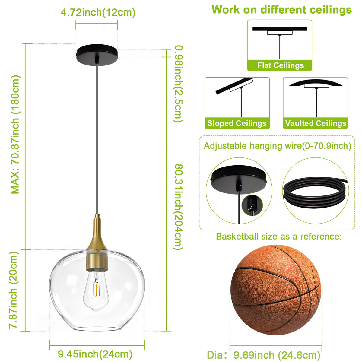 9.45in Black Gold Pendant Lights Kitchen Island with Clear Glass Shade 1PC (Black Gold-Clear Glass)