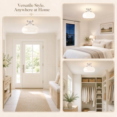 Brushed Nickel Semi Flush Mount Ceiling Light (Nickel & White Glass / 12in)