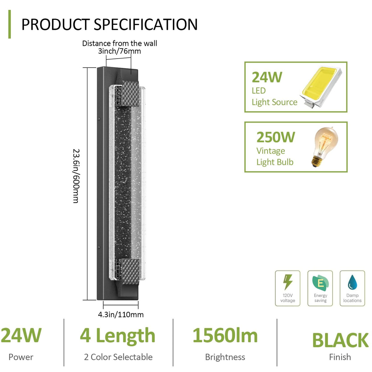 23.6in Black Outdoor Wall Sconces Modern LED Crystal Exterior Lights (Black / 23.6 inch)