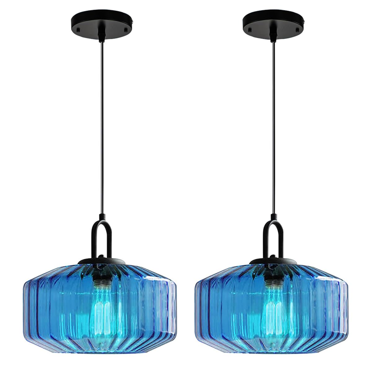 Large Modern Pendant Light Fixtures Dining Room Vintage Glass Ceiling Pendant Lighting Kitchen Sink Blue Hand Blown Glass Shade Black Finish Adjustable Cord Hanging Pendant Light (Blue-2)