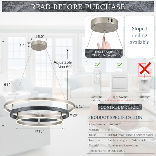 3 Ring LED Chandelier Modern Chandeliers Black Brushed Nickel Dimmable 24'' (Black Nickel / 24 inch)