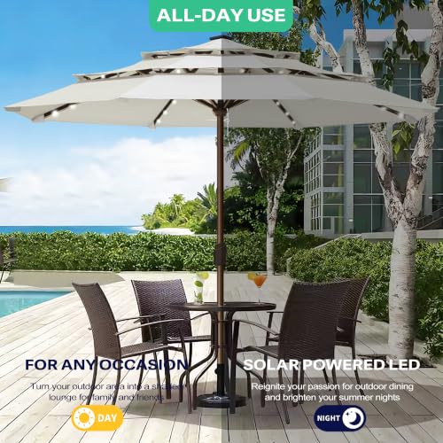 USA 10-Year-Non-Fading 10ft 3-Tier Market Patio Umbrella, Commercial Table Umbrella with 80 Solar LED Lights, Crank Open, Windproof & UPF 50+ UV Protection for Garden, Deck, Pool, Backyard, No Tilt, White (White / 10FT(Triple Vents No Tilt))