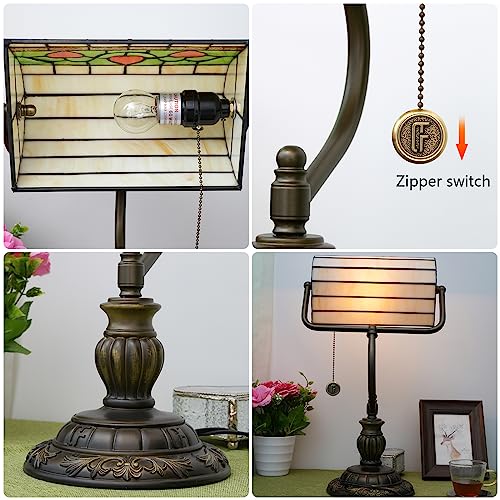 Tiffany Style Heart Bankers Table Lamp Stained Glass Vintage Bedroom Bedside Study Pull Chain Reading Desk Lamps Office Nightstand Aesthetic Antique Green Banker'S Lamp Work Light Desklamp (Red Hearts)