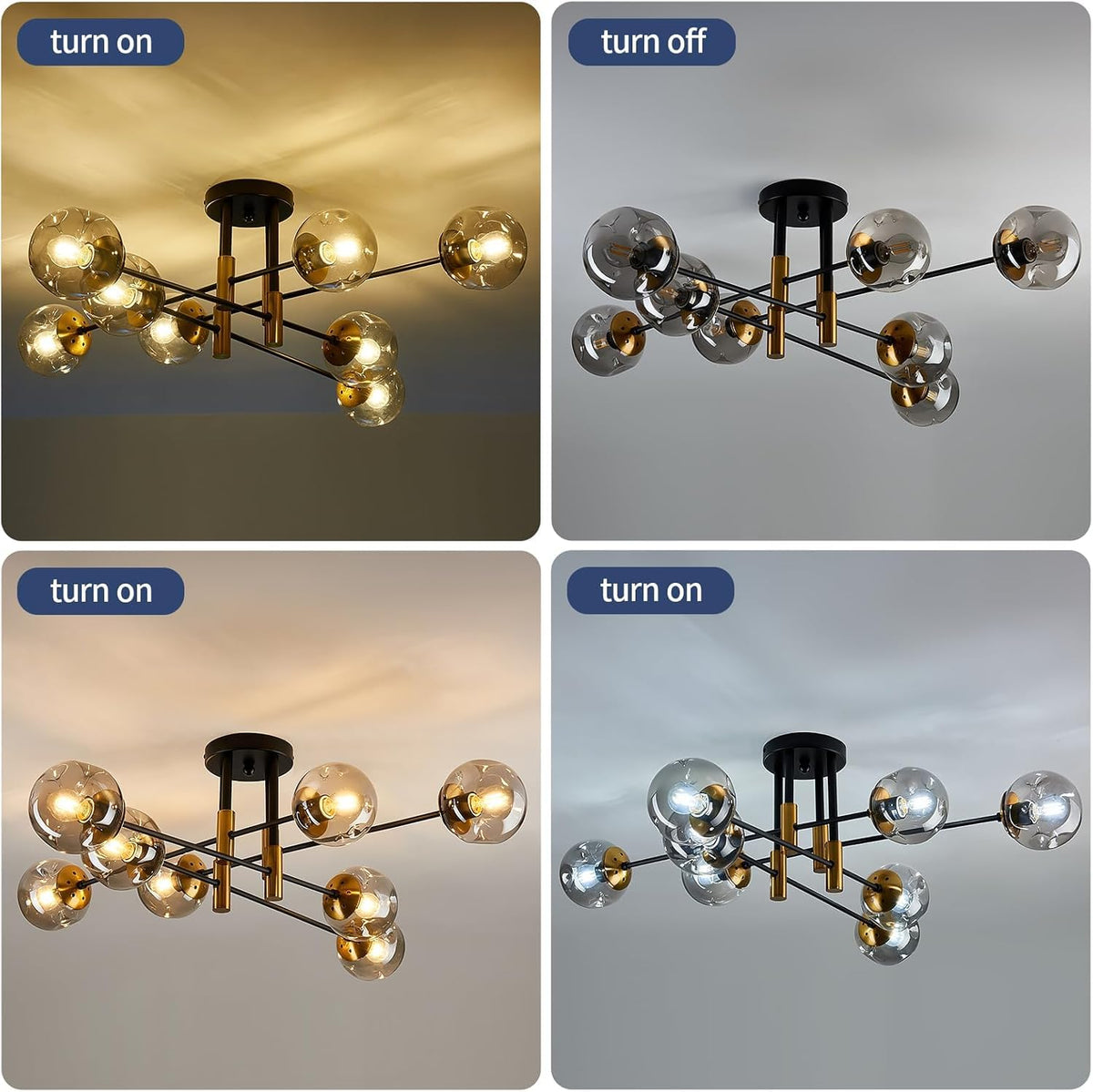 8 Light Sputnik Chandelier with Glass Globe Mid Century Modent Black Gold Ceiling Light Fixture Large Flush Mount Chandelier for Dining Room Bedroom Living Room Kitchen (8 lights)