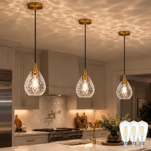 Gold Glass Pendant Lights Kitchen Island 8" Pendant Light Hammered Clear Glass 3 Pack Height Adjustable Modern Hanging Pendant Lights for Dining Room Bedroom Hallway Sink Bulbs Incl (Gold, 3 PK / 8 Inch)