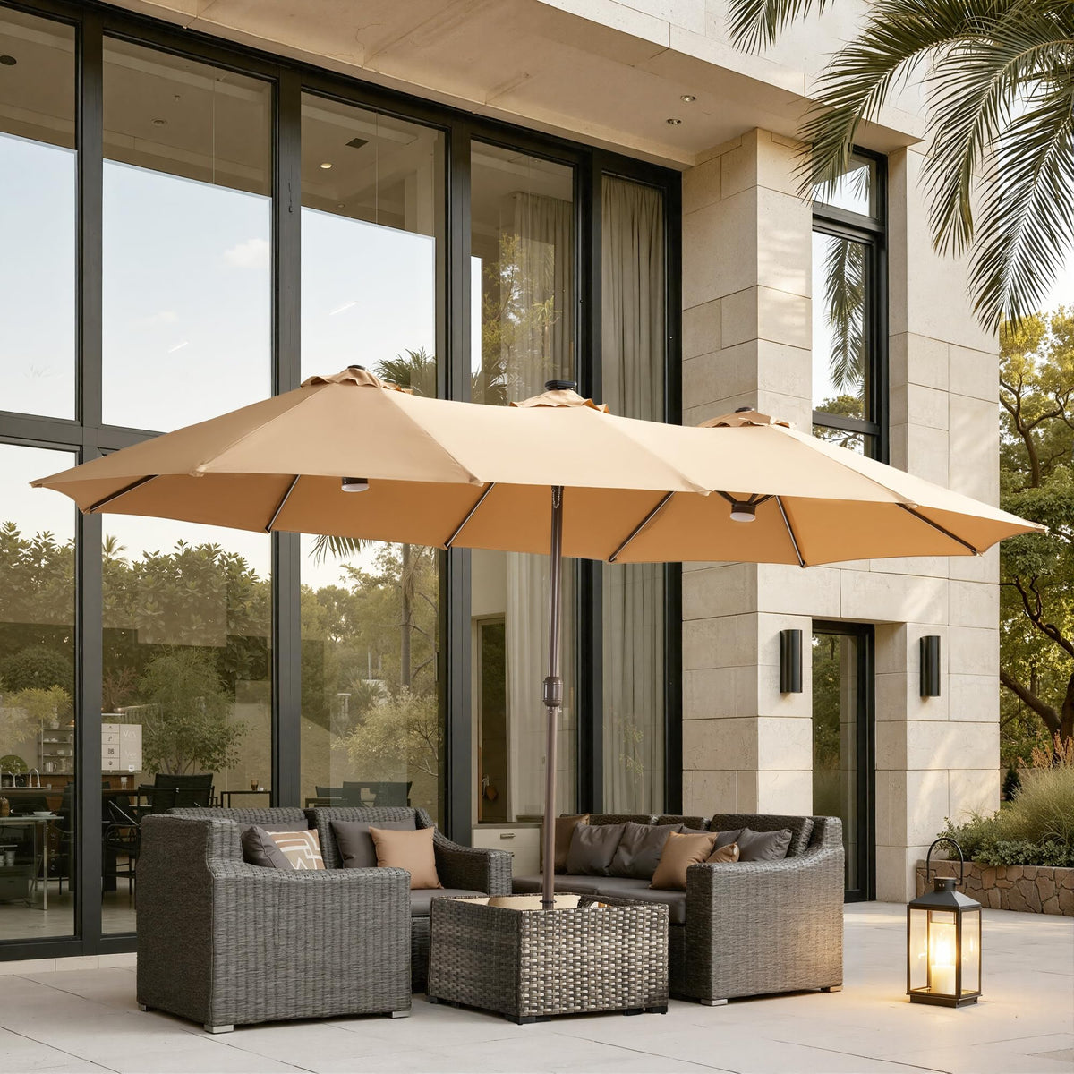 15FT Double Sided Rectangular RGB LED Patio Umbrella with Remote & App Control (Khaki)