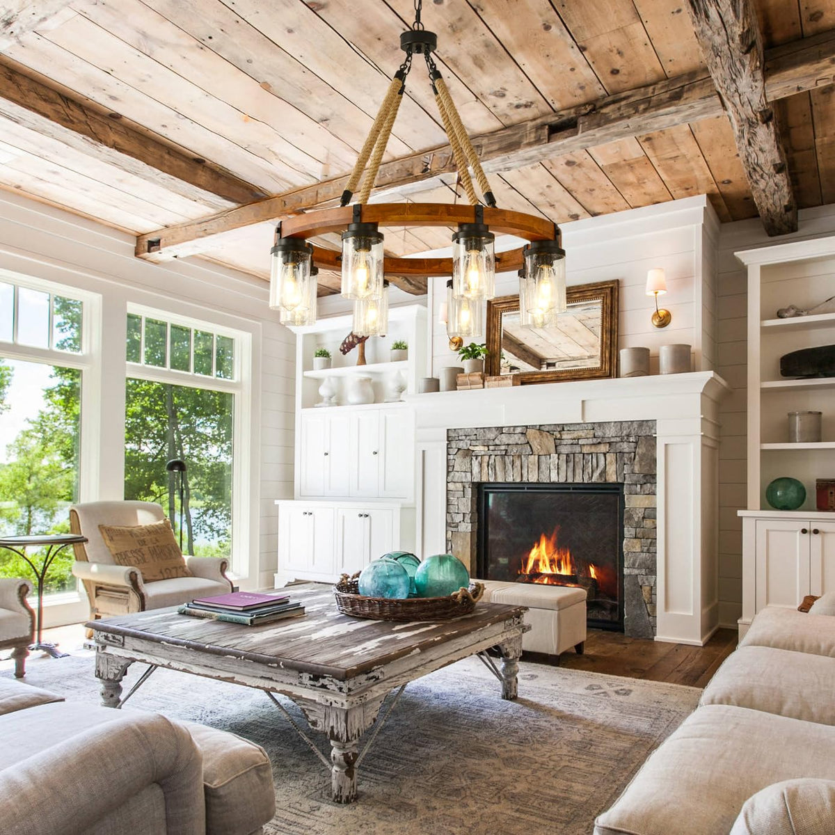 9 Light Round Wagon Wheel Chandelier Farmhouse Rustic Pendant Light Fixture with Seeded Glass Shades (Wood-800-9T-Down)