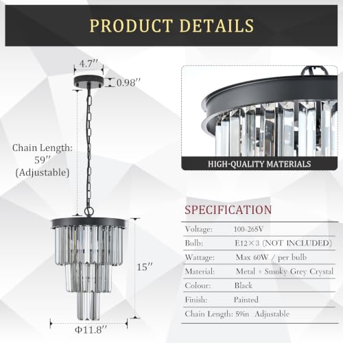 12" Smoke Gray Crystal Chandeliers (Black+Smoke Gray Crystal / 3Pack-12”)