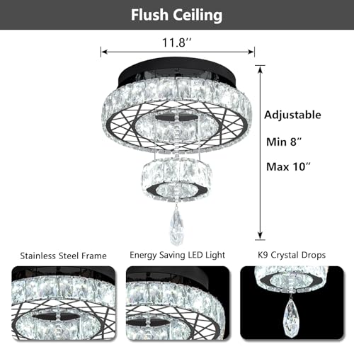 Modern Flush Ceiling Chandelier Bedroom Light Fixtures Crystal Flat Sloping Ceiling Lights for Hallway Kitchen Dining Room Dimmable Light with Remote Black (12 inch / Black)