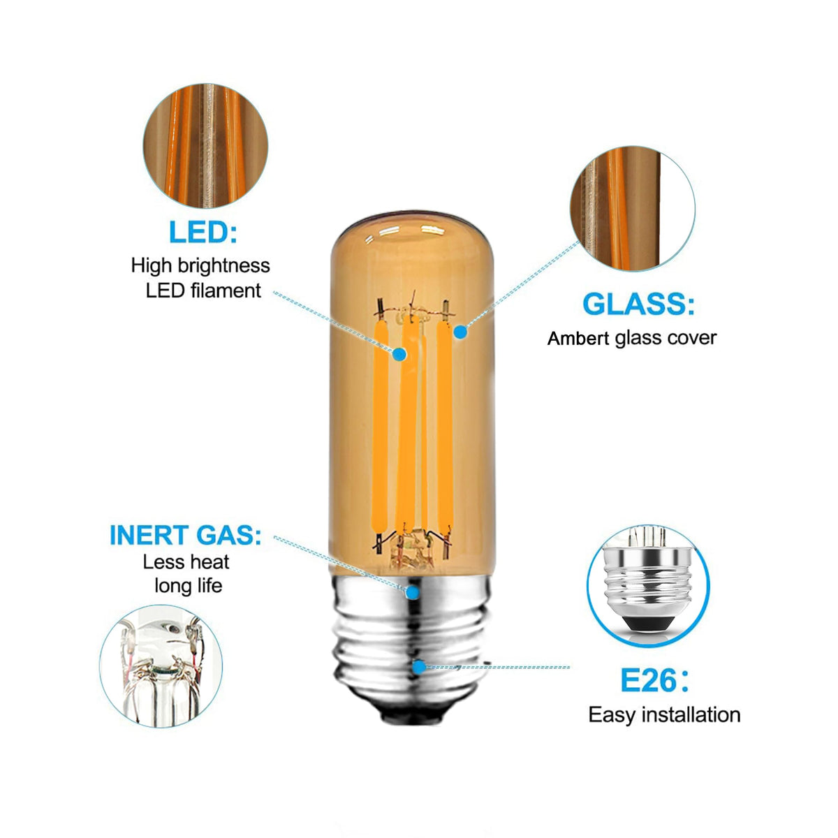3.2 Inch 2200K Amber White E26 LED Bulb 60 Watt Equal (3 Inch 6W (4 Count))