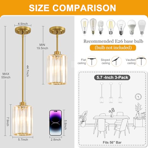 3 Pack Pendant Lights Kitchen Island (3 Pack-Brushed Gold(No Assembly Required))