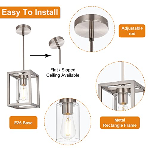 One Light Chandeliers Fixture Brushed Nickel Modern Pendant Kitchen Lighting with Clear Glass Shade Dining Room Lighting Fixtures Hanging Contemporary Lamp Semi Flush Mount Ceiling Lights (Brushed Nickel / 1 Light)