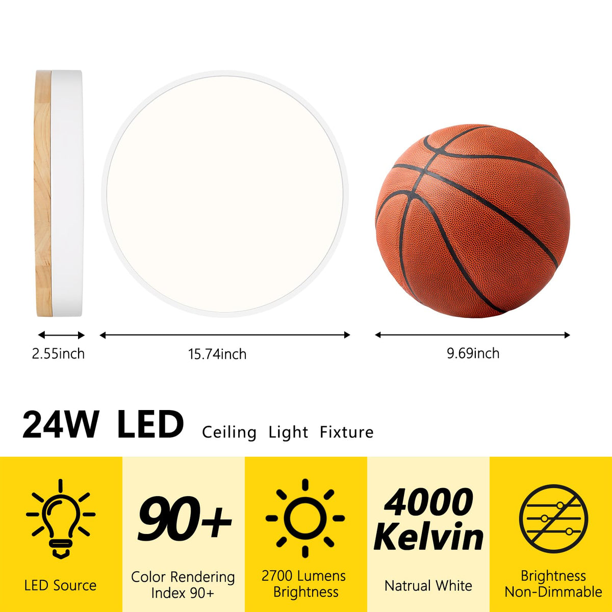 Modern Wood White Flush Mount Ceiling Light 15.75 Inch (White- Non-dimmable / 15.74 Inch)