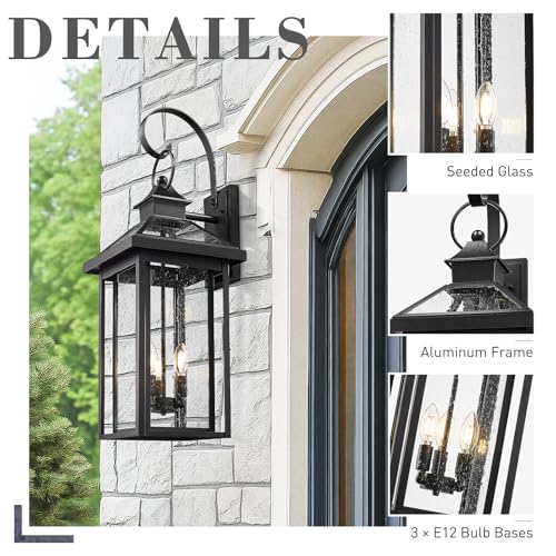 31.3-Inch 3-Light Front Porch Light, Black, Seeded Glass, ZW114BL BK (Black - Seeded Glass / 31.3 Inch - No Function)