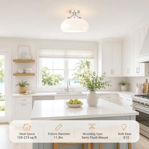 Brushed Nickel Semi Flush Mount Ceiling Light (Nickel & White Glass / 12in)