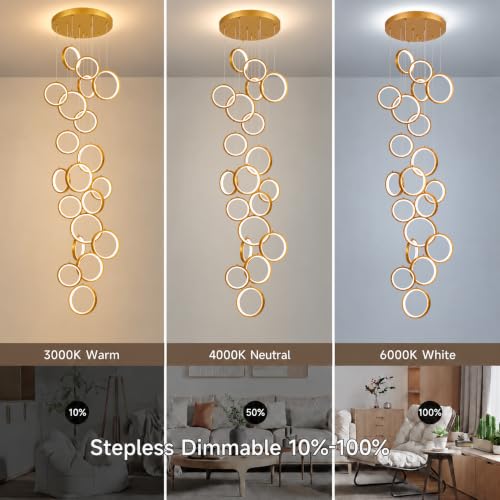 Modern 20 Ring Gold LED Chandelier for High Ceilings (Gold/20-Lights(circle,dimmable))