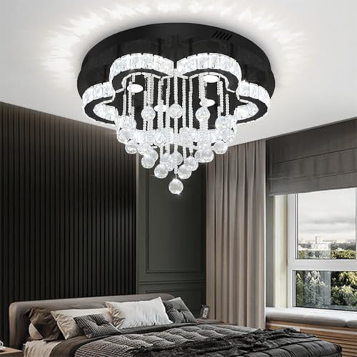 Modern Chandelier for Living Room 24 inch Raindrop Chandeliers Flush Mount Crystal Chandelier for Bedroom Dining Room LED Dimming 2700k 4500k 6000k (Black / 24inch)