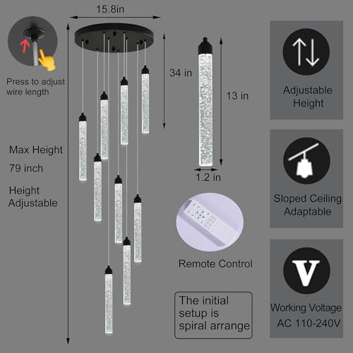 9 Lights High Ceiling Crystal Staircase Chandelier Black Pendant Lights Modern Spiral Raindrop Dimmable LED Bubble Cluster Ceiling Hanging Lighting Fixture for Foyer Living Room Remote Control (Black / 9 lights)