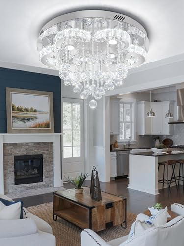 W24inches Modern Chandelier for Dining Room Raindrop Crystal Chandelier Luxury Flush Mount Ceiling Light Fixture Ceiling Lamp for Hallway Bedroom Living Room Kitchen (Silver / 24inch)