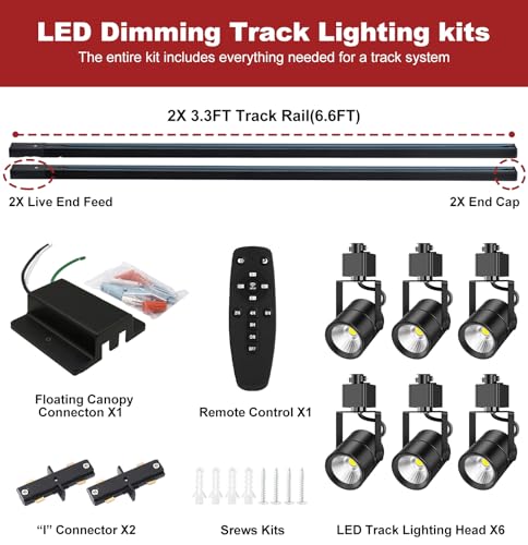 6 Light Track Lighting Kit with 6.6FT H Type Track Lighting Rail and Floating Canopy Connector (Black / 6 Lights)