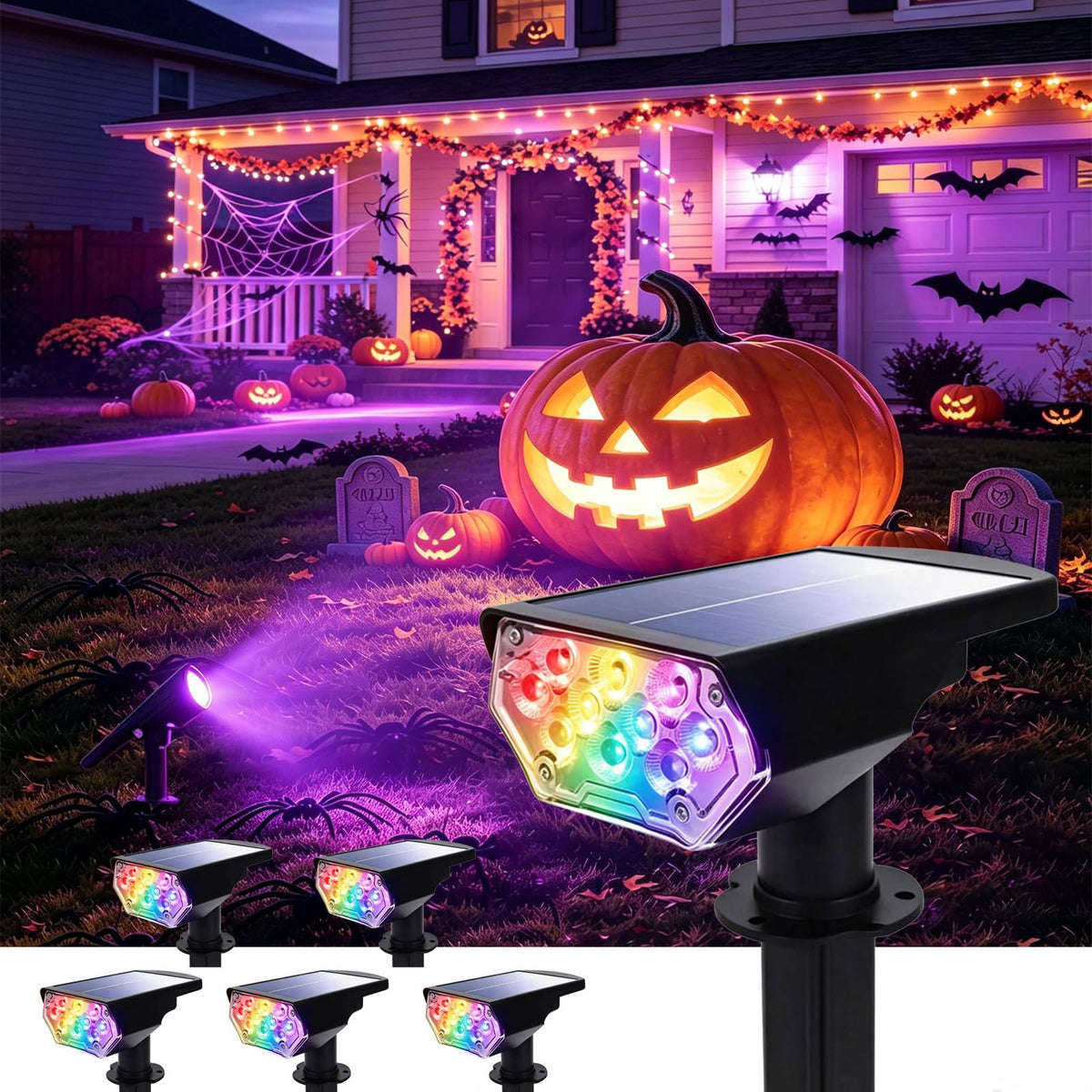 6 Pack Solar Spotlights Outdoor for Halloween DecorationRGB Color Changing (Multicolor / 6 Pack)