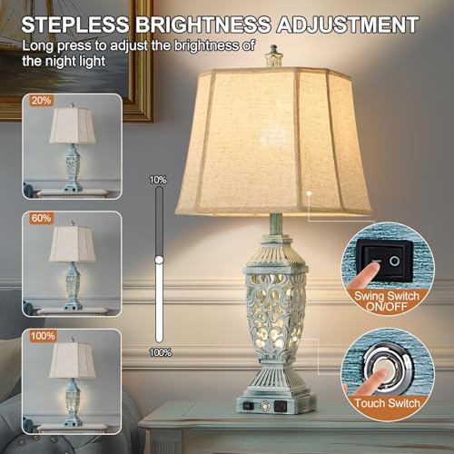 27.5" Touch Control Traditional Table Lamp Set of 2 with USB A+C (White Wash with Green Brush-2 / 27.5")