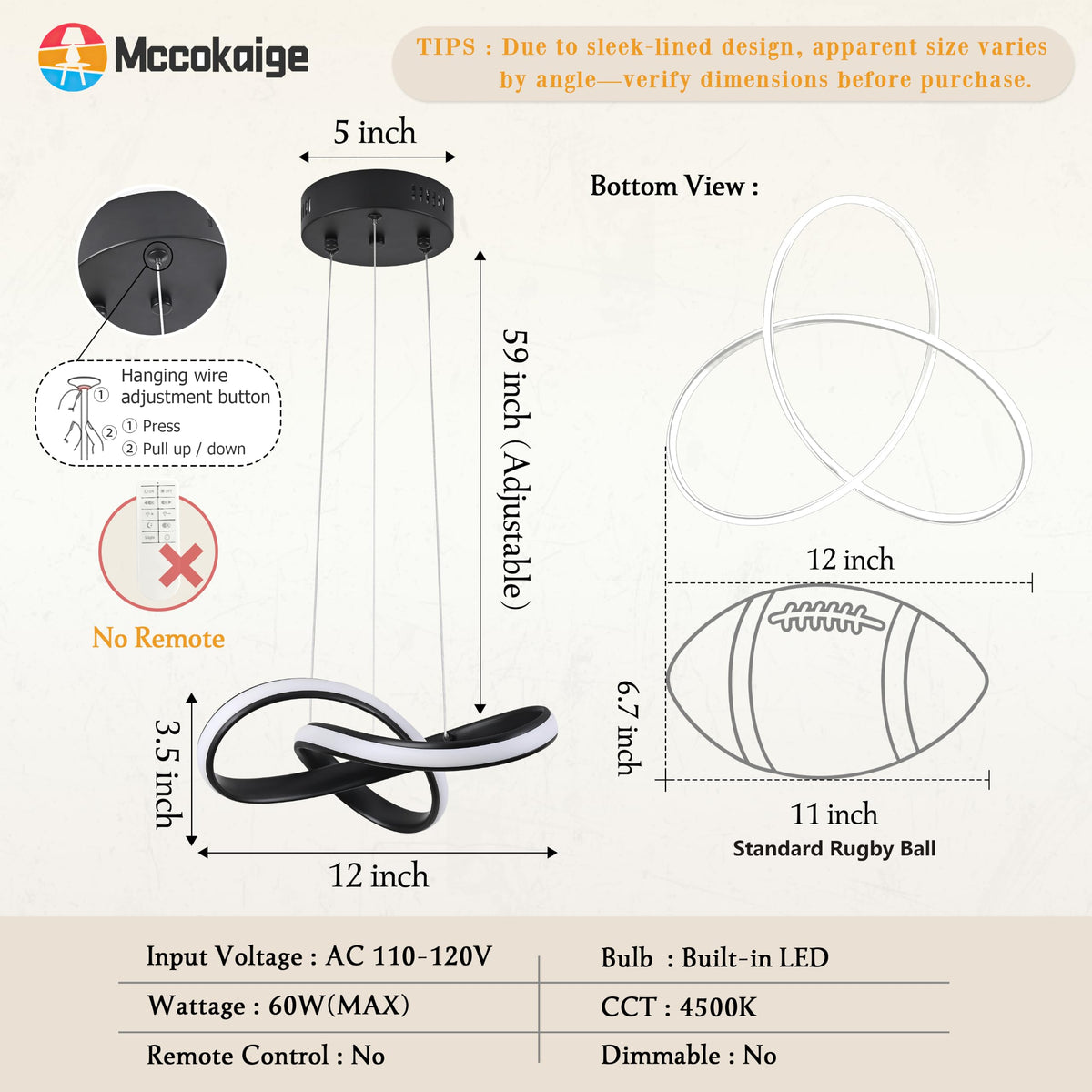 LED Chandelier Modern Pendant Light Fixture 2 Pack Simple Irregular Streamline Ring Light Black with 4500K and 59" Height Adjustable Hanging Lamp for Kitchen Island Hallway Foyer Corridor (Black / 12 Inch)
