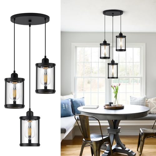 Matte Black 3 (Black + Clear Glass / 3-Light Ceiling Chandelier)