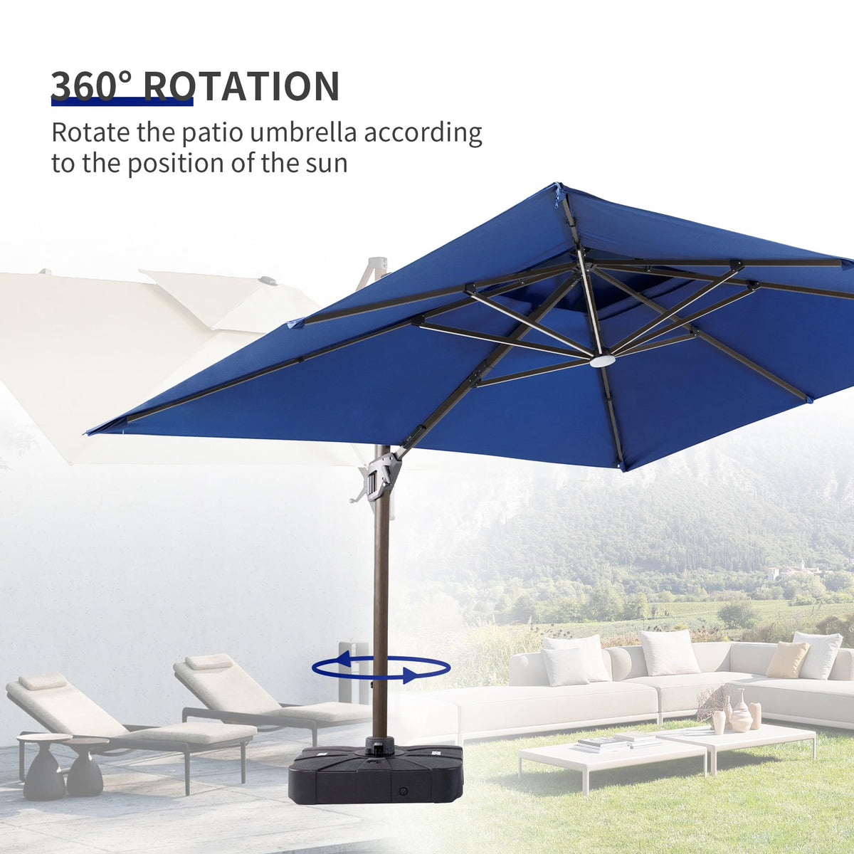 9x12 FT Cantilever Offset Patio Umbrella with Lights & Base (Navy)