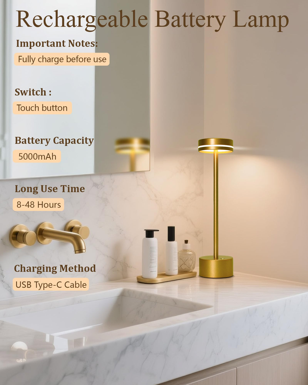2 Pack LED Cordless Table Lamp Rechargeable (Bright Gold (Set of 2))