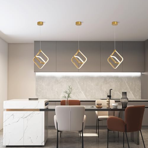 Modern LED Chandelier Gold Rectangular Pendant Light Fixtures 4000K 20W Dimmable Height Adjustable Pendant Lighting for Dining Room Kitchen Island Bedroom Living Room Foyer（1 (Gold / Square-1Pack)